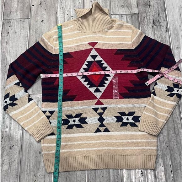 Unisex Aztec Tribal Fair Isle Turtleneck Beige Pullover Sweater - Picture 9 of 9